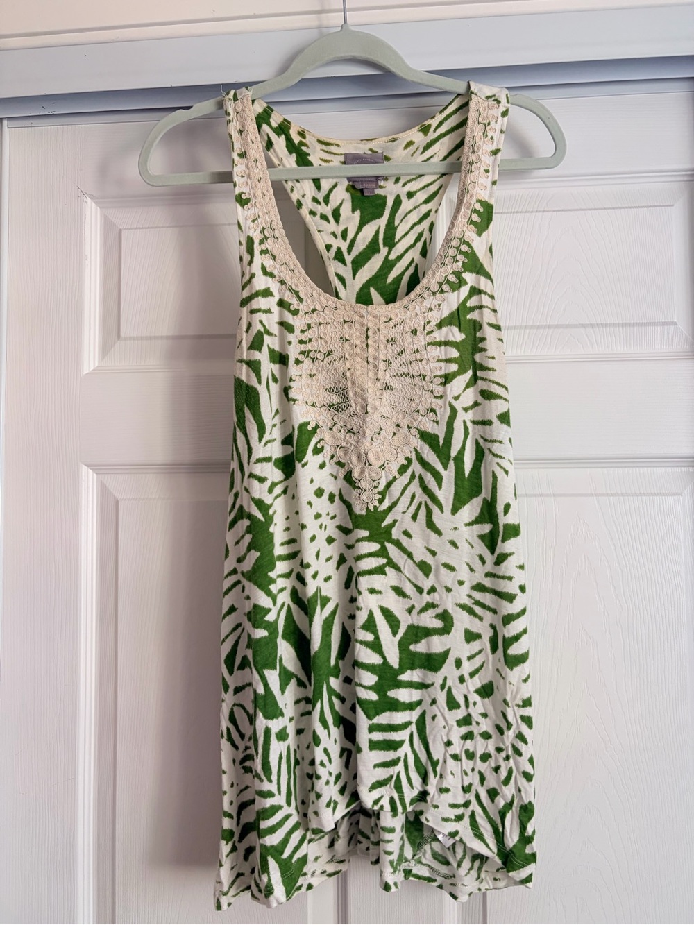 Anthro Green and Cream Tropical Print Sleeveless Dress with Crochet Detail